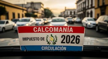 Calcomanía rectangular roja, blanca y azul en un parabrisas con texto 'CALCOMANÍA IMPUESTO DE CIRCULACIÓN 2026' y el escudo de Guatemala, con vehículos y edificios borrosos de fondo.