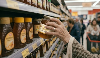 Primer plano de una mano de persona sosteniendo un frasco de miel en un pasillo de supermercado, con estantes llenos de productos y clientes difuminados detrás