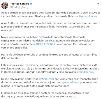 Rodrigo Lara anunció la reconstrucción de las estaciones de Policía afectadas y medidas contra el uso de drones en estos ataques. - crédito @Rodrigo_Lara_/X