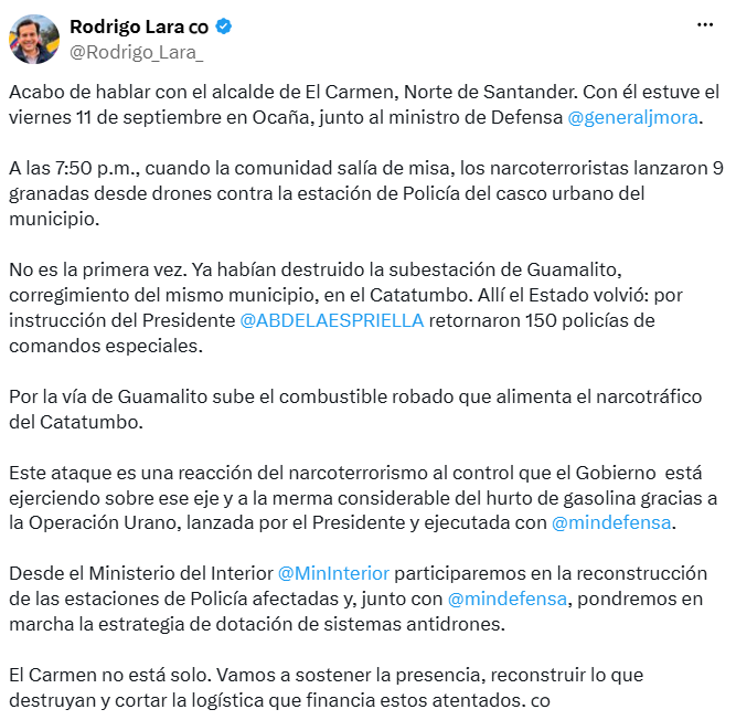 Rodrigo Lara anunció la reconstrucción de las estaciones de Policía afectadas y medidas contra el uso de drones en estos ataques. - crédito @Rodrigo_Lara_/X