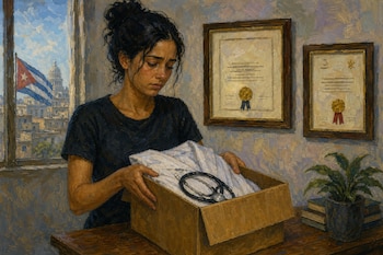 Una mujer guarda una bata blanca y un estetoscopio en una caja de cartón junto a diplomas enmarcados y una ventana con la bandera de Cuba.
