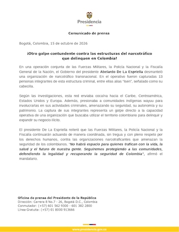 El presidente Abelardo de la Espriella afirmó que la estructura amenazaba la seguridad y el patrimonio de las poblaciones locales - crédito prensa Presidencia