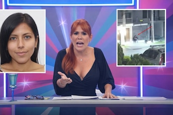 Magaly Medina, de cabello rojo, gesticula en un estudio de televisión, con un retrato de una mujer a la izquierda y una escena nocturna borrosa a la derecha.