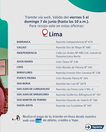 Póster informativo azul y verde con el título 'Trámite vía web', listando distritos y direcciones de recojo en Lima, fechas de validez y opciones de pago