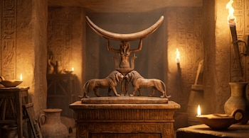Reposacabezas de madera apoyado por figura del dios Shu, flanqueado por dos leones, sobre pedestal en tumba con jeroglíficos, antorchas y vasijas.