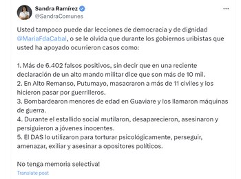 La senadora Sandra Ramírez respondió a la congresista María Fernanda Cabal por críticas que lanzó en su contra - crédito @SandraComunes/X