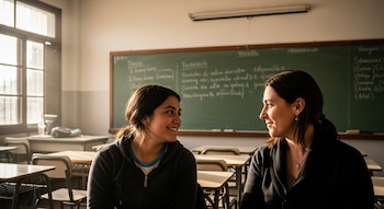 Una estudiante adolescente con sudadera oscura mira sonriendo a su docente, quien viste un cárdigan negro, sentadas en un aula de escuela pública Argentina.