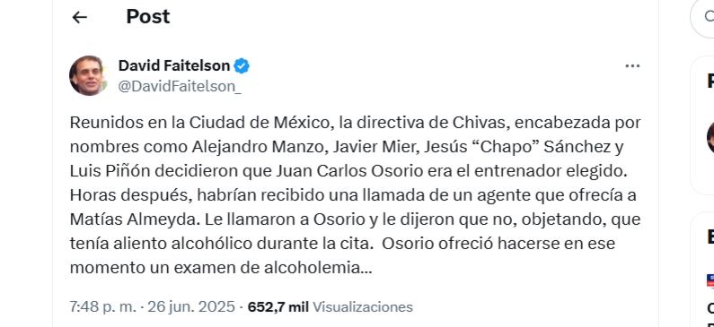 Post de David Faitelson sobre la reunión de Juan Carlos Osorio con dirigentes de Chivas de Guadalajara - crédito X