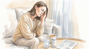 Ilustración de mujer sentada en sofá con dolor de cabeza, junto a vaso de agua, pastillas y un informe de análisis de sangre.