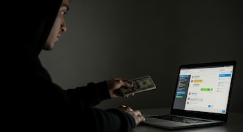 Un joven encapuchado sostiene un fajo de billetes de cien dólares frente a una laptop abierta que muestra una interfaz de chat con mensajes.