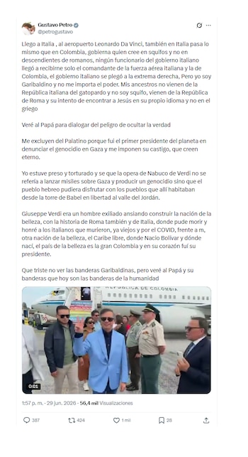Gustavo Petro y sus reflexiones al aterrizar en Italia