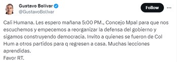 Gustavo Bolívar convocó a los líderes de la Colombia Humana a una reunión en Cali- crédito @GustavoBolivar/ X