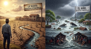 Imagen dividida. Izquierda: hombre en tierra agrietada, plantas secas, señal de sequía. Derecha: pueblo inundado, lluvia, rayo, personas en tiendas, señal de El Niño.