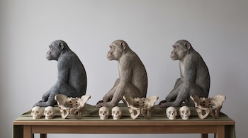 Tres modelos de primates sentados, con cráneos de recién nacidos y pelvis maternas alineados en una mesa con tela verde sobre fondo gris.
