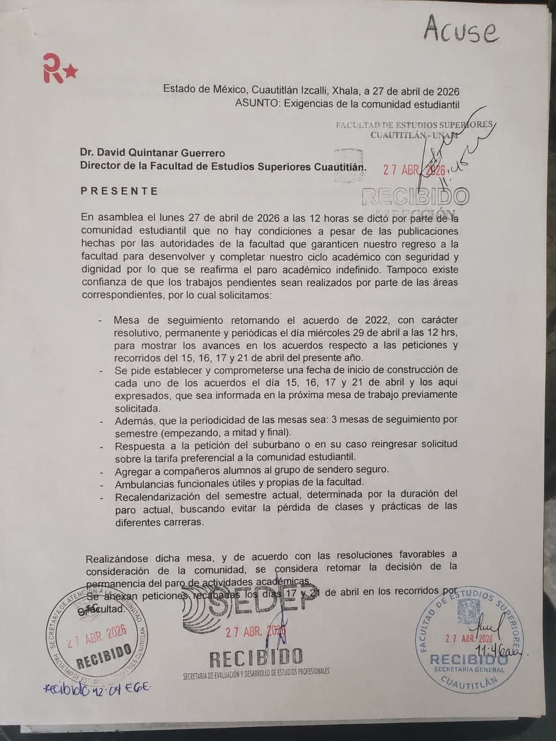 Pliego petitorio de alumnos de la FES Cuautitlán, UNAM (FB)