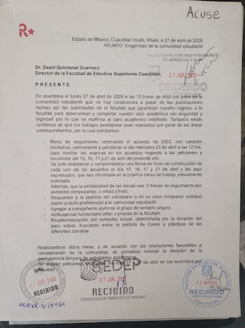 Carta de petição FES Cuautitlán UNAM Greve universitária Cuautitlán Izcalli Edomex