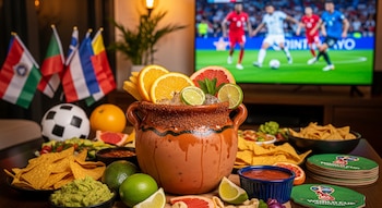 Mesa con un cantarito de barro lleno de bebida cítrica, nachos, guacamole y salsa frente a un televisor con un partido de fútbol, banderas y un balón.