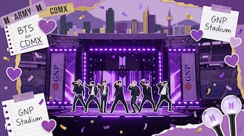 Ilustración vibrante de estilo scrapbook mostrando a la banda BTS en un escenario morado del GNP Stadium, con un horizonte urbano y detalles K-Pop flotantes.