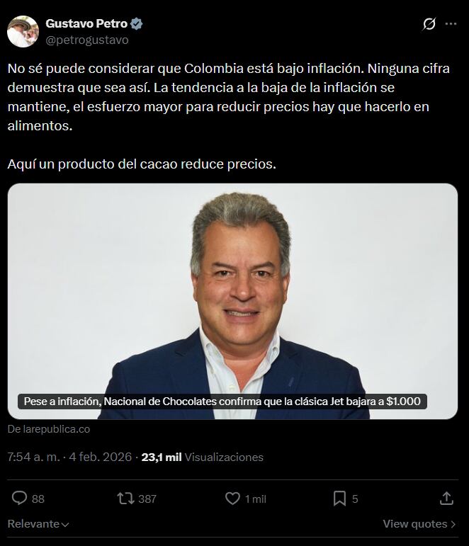 El cacao, principal insumo de la chocolatina Jet, alcanzó precios históricos en 2025, con valores cercanos a los US$12.000 por tonelada. Esto fue reseñado por Petro en su cuenta de X- crédito @petrogustavo X