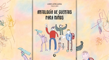 Imagen horizontal con la portada de 'Antología de Cuentos para Niños' de Ginno León Gabba en el centro, rodeada por un fondo infantil extendido.