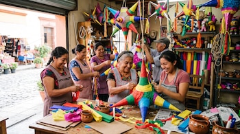 Varias personas en un taller decoran una piñata en forma de estrella con papeles de colores sobre una mesa de madera.