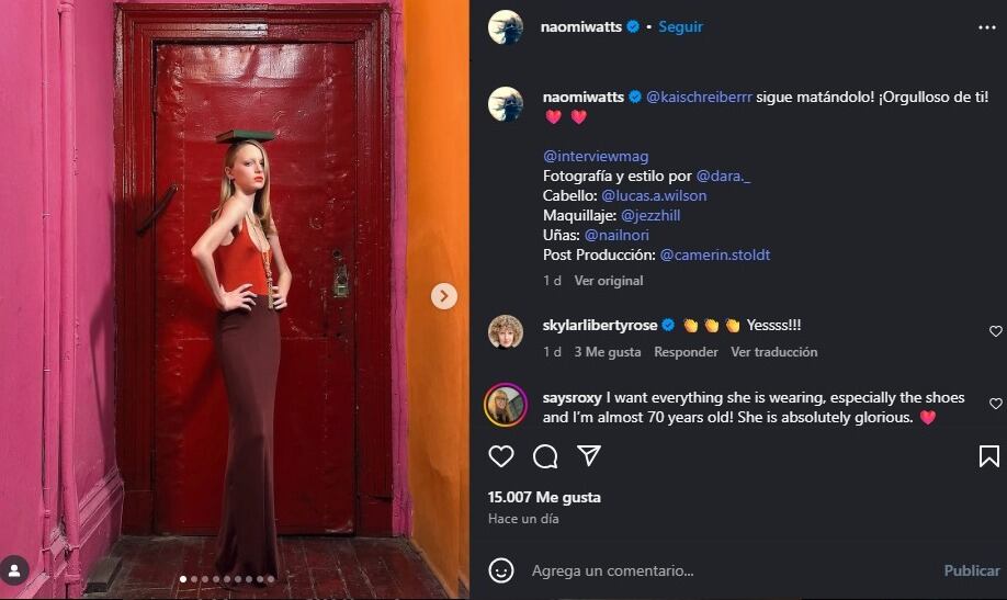 Naomi Watts mostró su total apoyo a su hija Kai Schreiber. (Instagram/Naomi Watts)