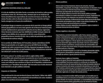 Ramírez ubicó el USD/COP alrededor de $3.200 y afirmó que la debilidad del dólar puede continuar por las expectativas sobre tasas en Estados Unidos y los flujos hacia mercados emergentes - crédito @guirampar/X