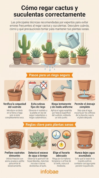 Infografía con cactus y suculentas en macetas, regadera, mano tocando tierra, calendario, lupa, maceta con drenaje, sustrato, suculenta con daño, relojes, texto instructivo.