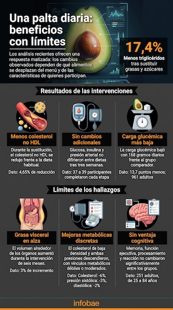 Una palta cortada a la mitad, seis íconos ilustrados con datos numéricos y el logotipo de Infobae en la parte inferior.