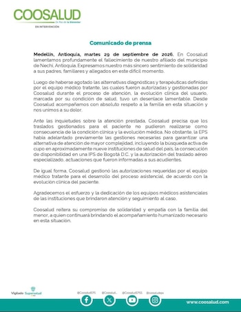 La EPS gestionó cupos en nueve instituciones de salud del país y autorizó un transporte aéreo especializado hacia Bogotá - crédito Coosalud