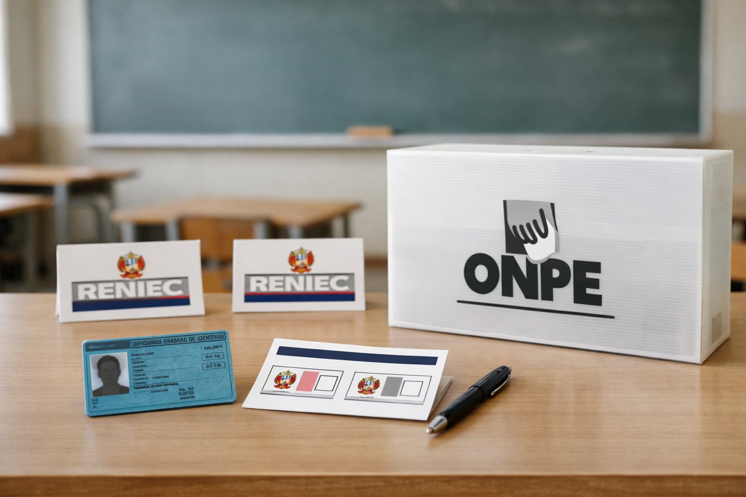 Elementos clave de la jornada electoral en Perú, incluyendo un DNI azul sin holograma, cédula de votación, bolígrafo, urna de la ONPE y carteles de RENIEC sobre una mesa. (Imagen Ilustrativa Infobae)