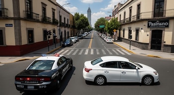 Una patrulla policial negra y blanca con luces encendidas sigue a un auto sedán blanco en una calle. Al fondo se ve la Torre Latinoamericana y edificios.