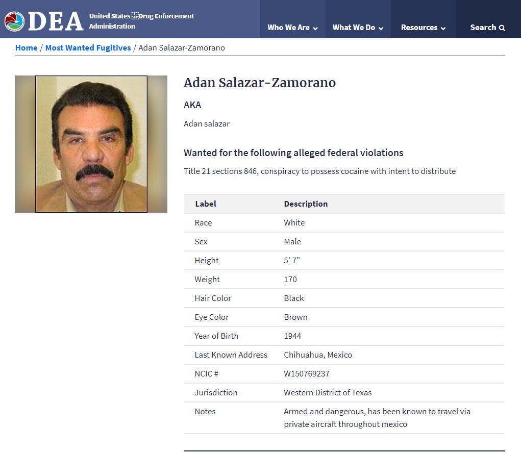 Adán Salazar era buscado por la DEA por distribuir cocaína en los Estados Unidos (Foto: DEA)