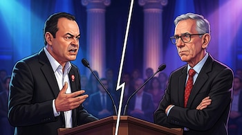 Ilustración de dos hombres en un debate. El de la izquierda gesticula y habla; el de la derecha, con gafas, tiene los brazos cruzados y una expresión seria.