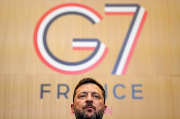 El presidente de Ucrania, Volodimir Zelensky, durante una cumbre del G7 en Evian-les-Bains, Francia (AP Foto/Vadim Ghirda)