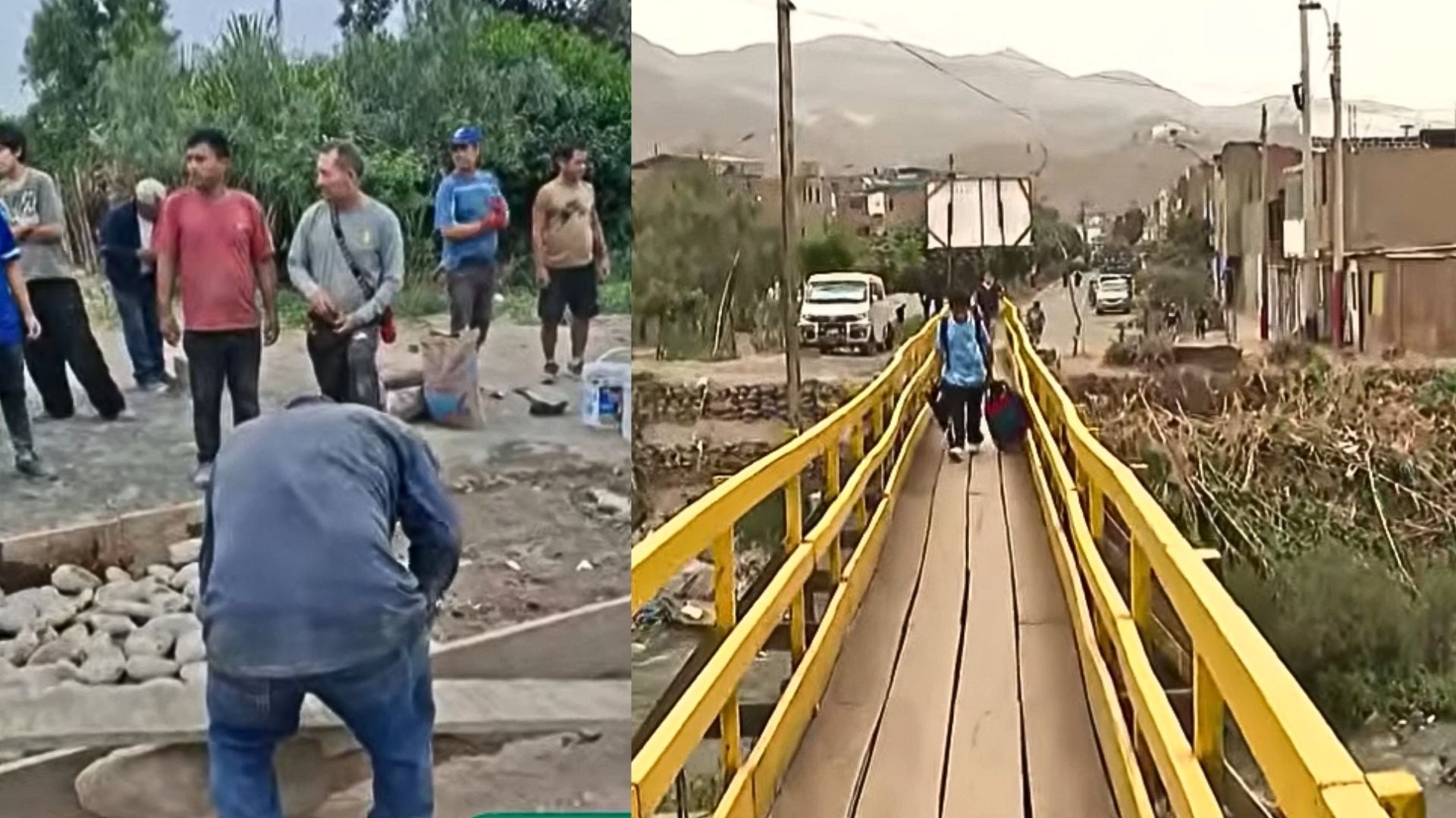 Residentes del distrito de Comas habilitan un puente peatonal de madera sobre el cauce de un río para asegurar el tránsito vecinal. (Latina)