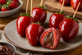 Fresas en brochetas cubiertas de caramelo brillante en un plato de cerámica, una de ellas cortada por la mitad con relleno de chocolate.