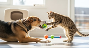 Un perro mediano marrón, negro y blanco sostiene una pelota verde mientras un gato atigrado salta hacia ella. Están en un suelo claro en una casa luminosa.