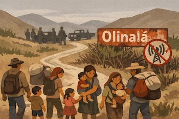 Ilustración plana de familias campesinas con niños caminando por un camino árido. Al fondo, un cartel de Olinalá y una antena tachada. Siluetas armadas son visibles.