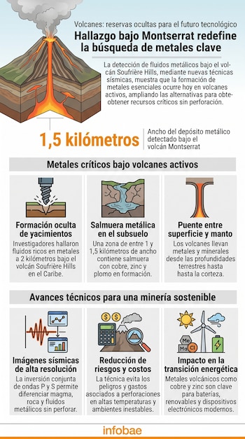 Infografía con el diagrama en corte de un volcán, recuadros ilustrados con texto explicativo e íconos, y el logotipo de Infobae en la base.