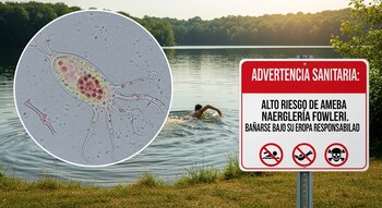 Un hombre nada en un lago de aguas tranquilas bajo un cielo soleado, junto a un cartel de advertencia de "Naegleria fowleri" y una imagen ampliada de la ameba.