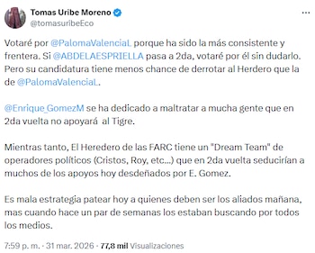 Tomás Uribe advirtió sobre divisiones opositoras y cuestionó a Enrique Gómez - crédito @tomasuribeEco/X