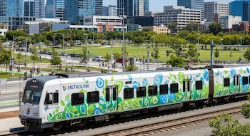 Un tren Metrolink blanco con diseños verdes y azules de hojas y símbolos ecológicos transita por vías. Al fondo, edificios urbanos, un parque con árboles y personas, y ciclistas.