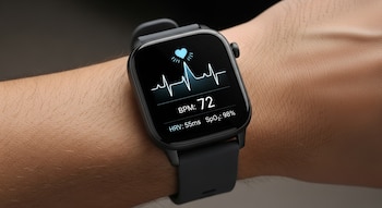 Primer plano del brazo de una persona con un reloj inteligente negro en la muñeca, mostrando un gráfico de latidos, frecuencia cardíaca de 72 BPM y SpO2 del 98%.