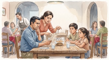 Una familia de cuatro personas, dos adultos y dos niños, está sentada a una mesa de madera en un restaurante y observa el menú. Hay otras personas y un camarero al fondo.