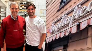 Dos hombres sonrientes; uno con jersey rojo y el otro con camiseta blanca, en cocina. Letrero de "Tagliafico" en fachada con toldo a rayas