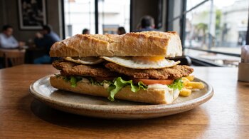 Primer plano de un sanguche de milanesa completo con dos milanesas, lechuga, tomate, mayonesa y dos huevos fritos, servido con papas fritas en un plato rústico sobre una mesa de madera en un restaurante iluminado.