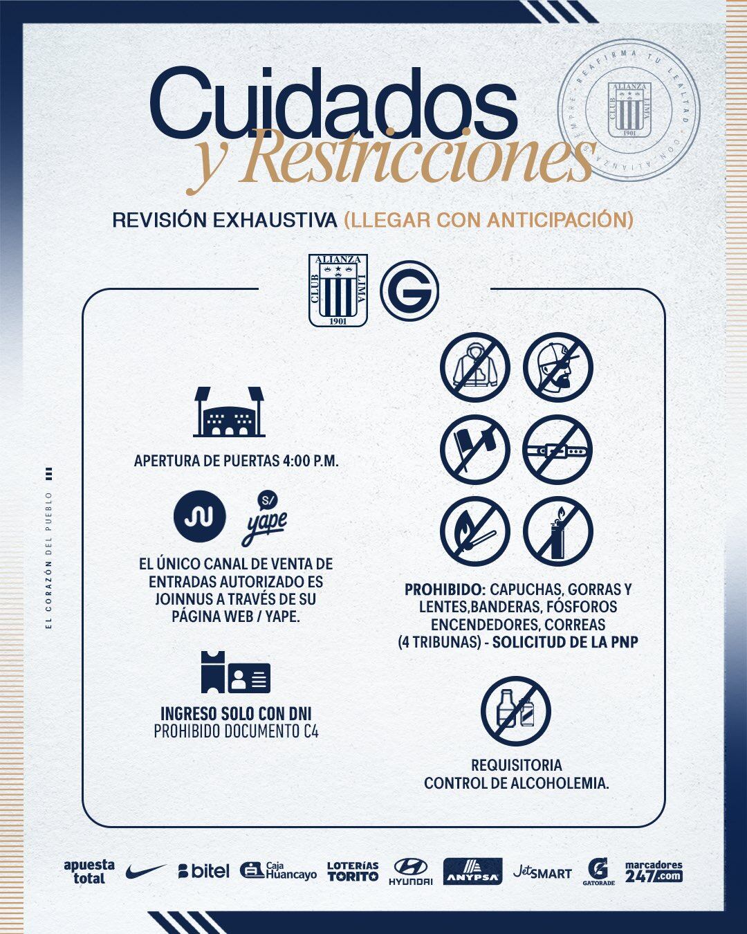 Cuidados y restricciones para Alianza
Lima vs Deportivo Garcilaso por la Liga 1.
