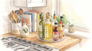 Ilustración en acuarela de una encimera de cocina con botellas en una bandeja giratoria, cubiertos de madera, libros y una estufa de gas.
