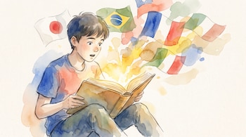 Ilustración de un joven sentado que abre un libro brillante del que salen las banderas de Japón, Brasil, Francia e Italia.